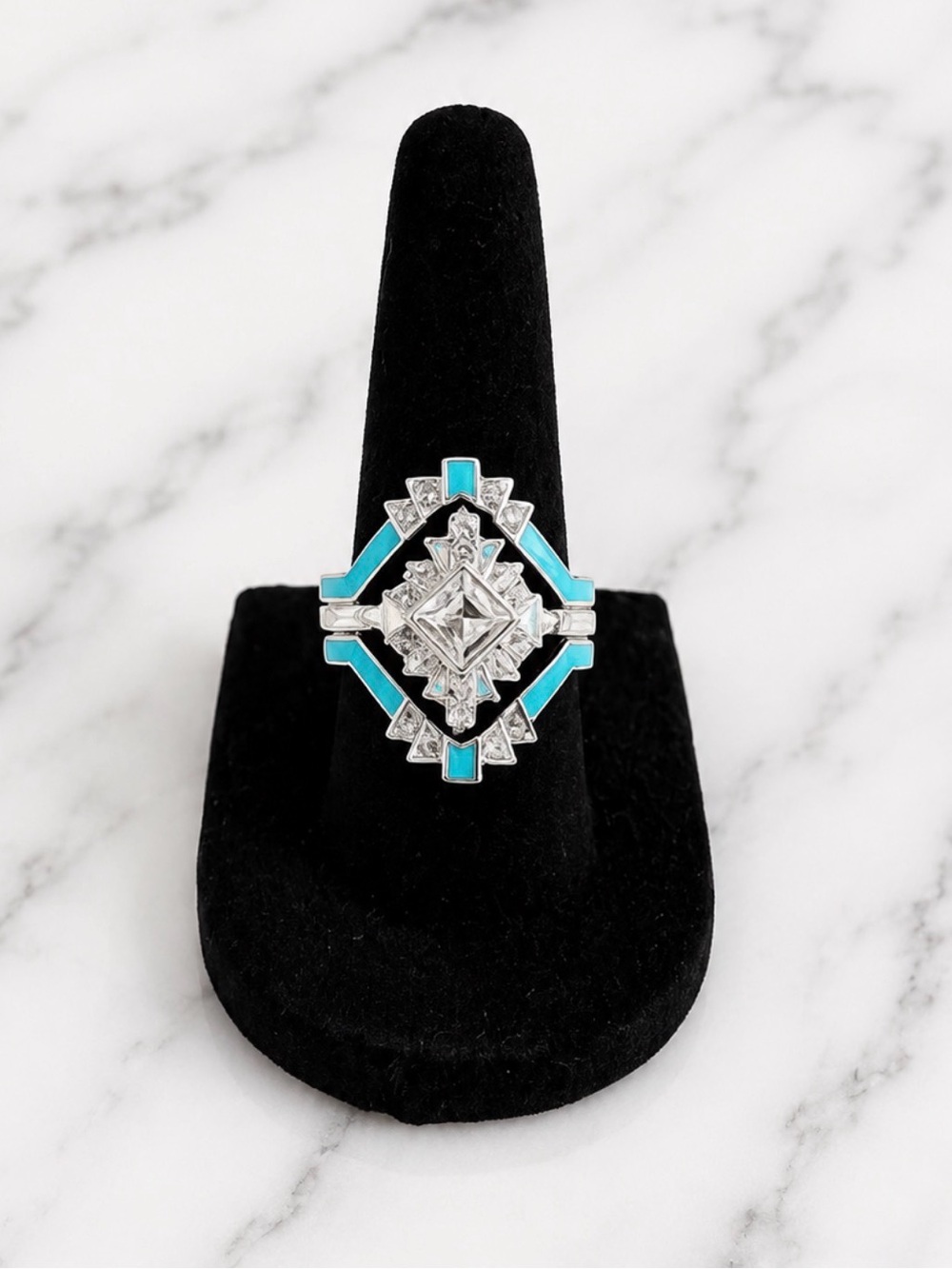 Turquoise Silver Tone Triple Band  Art Deco Fashion Ring-Size 6.5